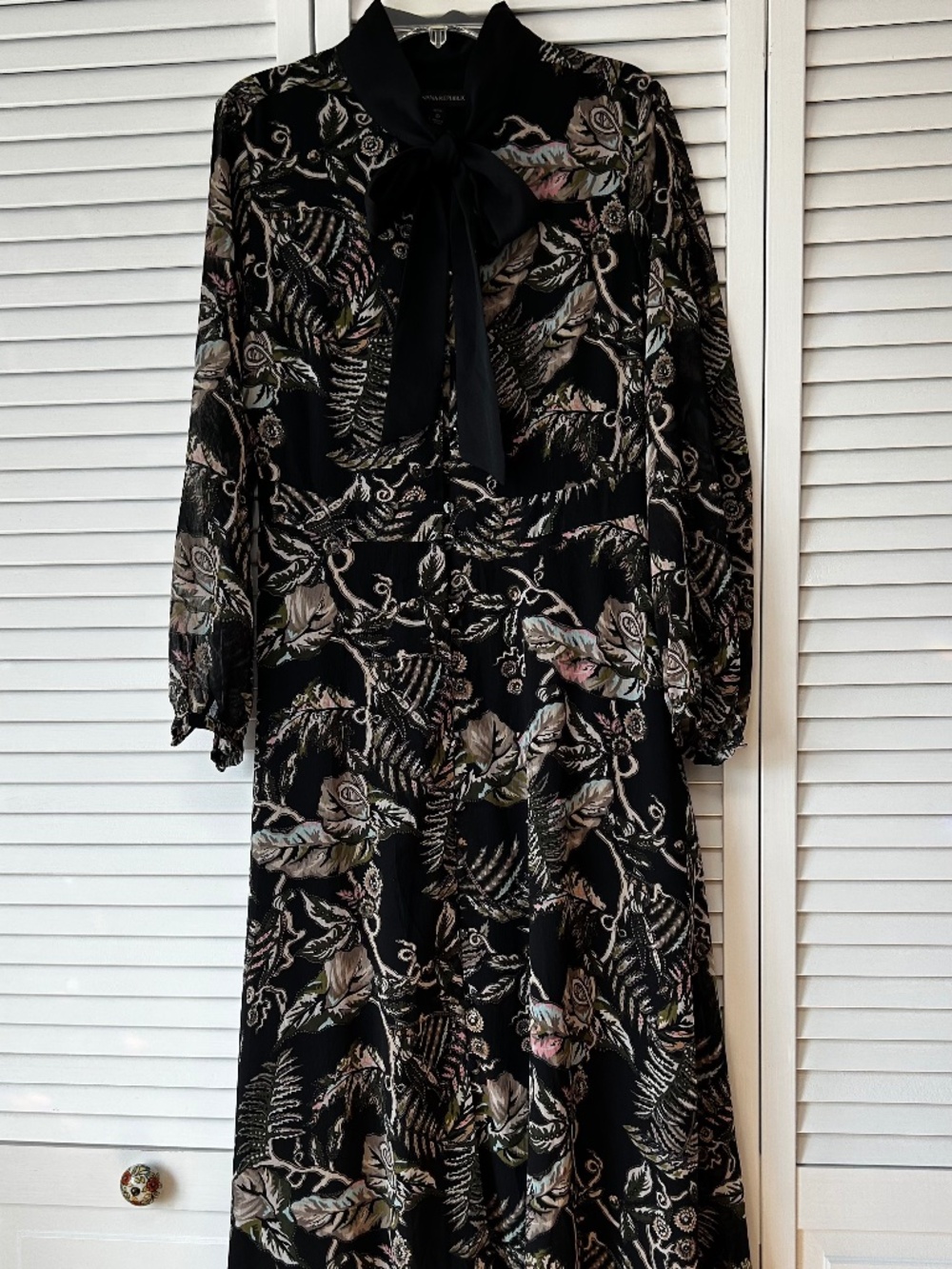 Banana Republic Floral Tie-Neck Maxi Dress Sheer Sleeves Petite 0